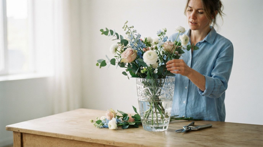 Master the art of arranging flowers in a crystal vase